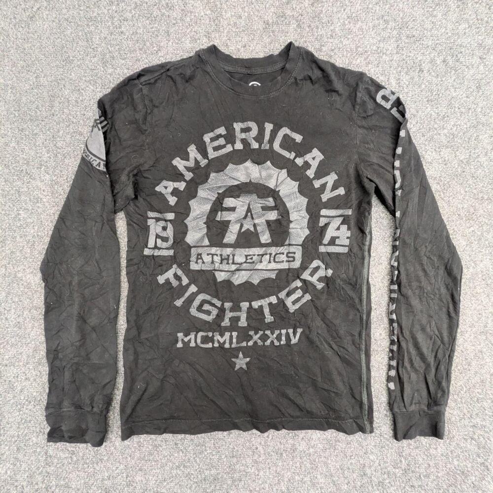 American Fighter T Shirt Mens S Charcoal Grey Distressed Graphic Long Sleeve Tee